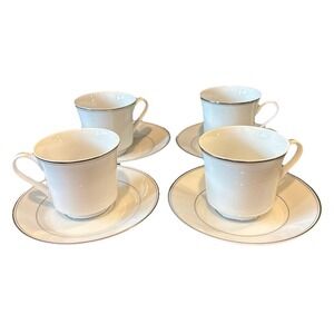Simplicity Fine China Japan White Silver Trim Footed‎ Tea Cups Saucers Set Of 4